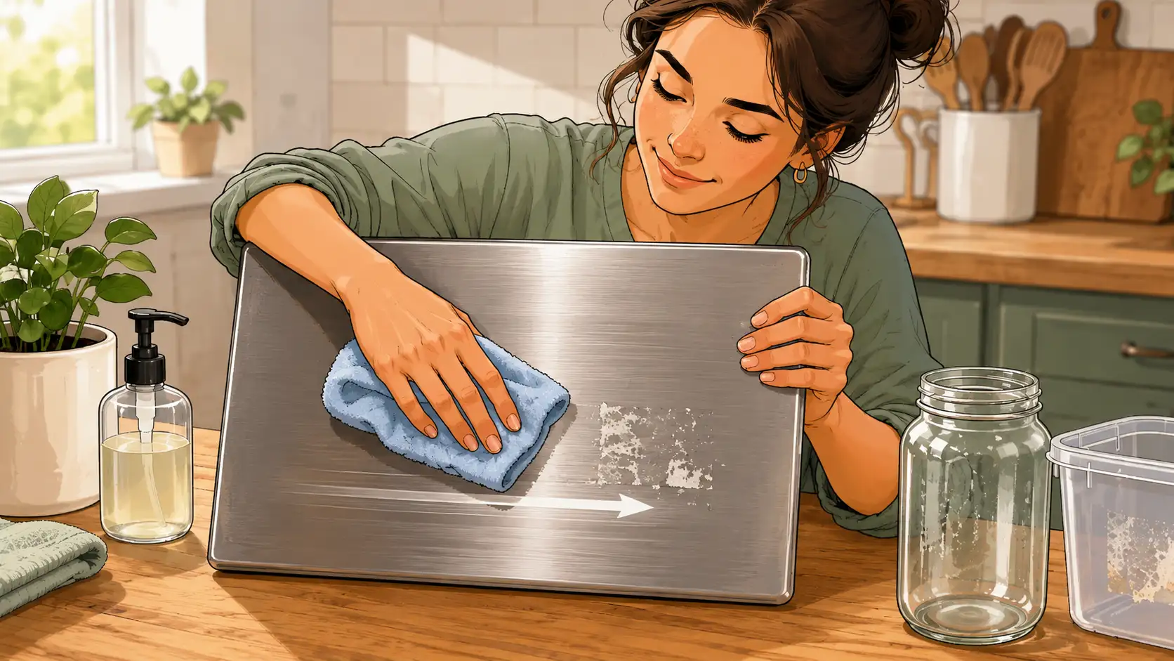Person wiping sticker residue from brushed stainless steel in the direction of the grain.