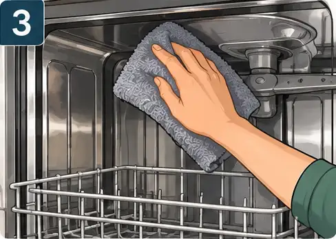 Person wiping the dishwasher door seal and inner edges with a microfiber cloth.
