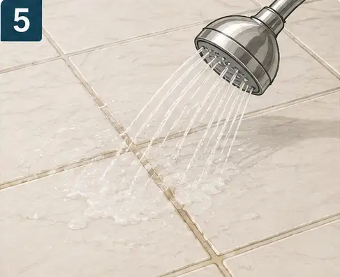 Person wiping warm water over grout lines after removing loose dirt and debris.