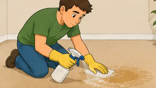 Pet owner applying an enzyme cleaner to a pet urine spot on carpet.