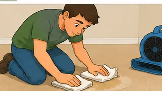 Pet owner blotting the cleaned carpet while a fan helps the treated area dry.