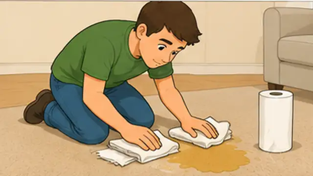 Pet owner pressing a white towel onto a fresh urine spot on carpet to absorb moisture.