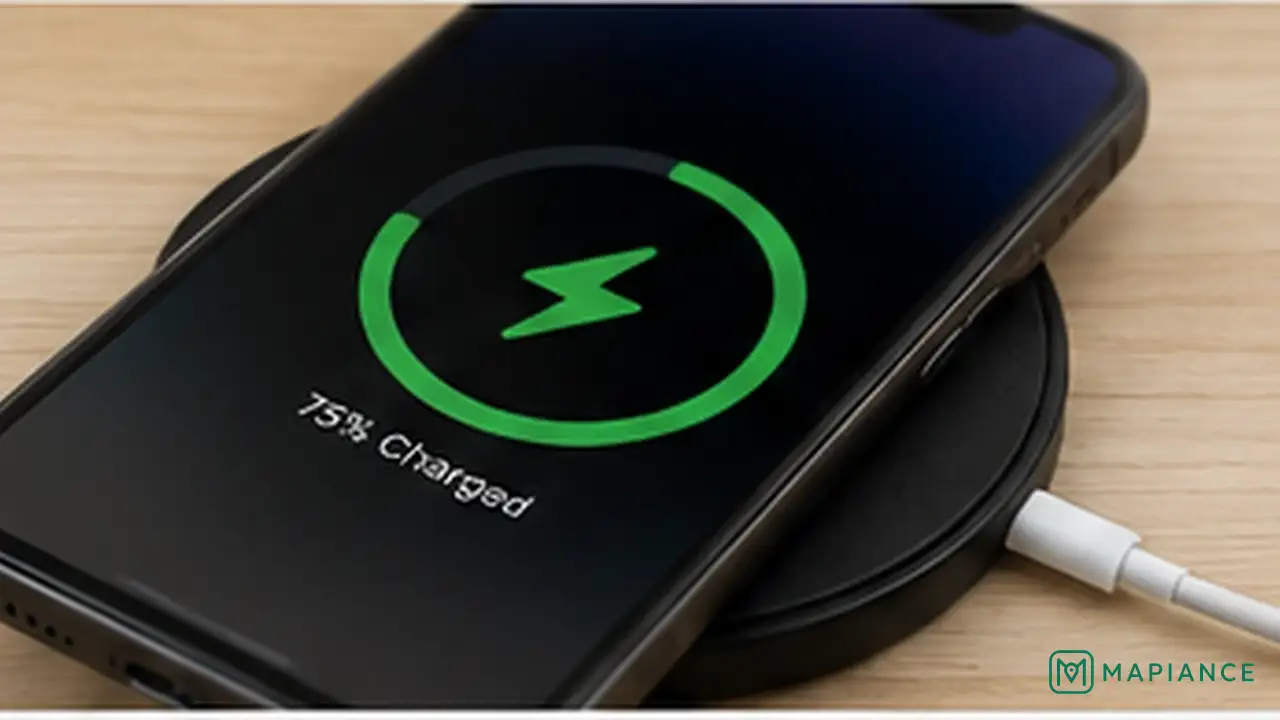 Phone charging on a wireless charger to test whether the wired charging port is the problem.