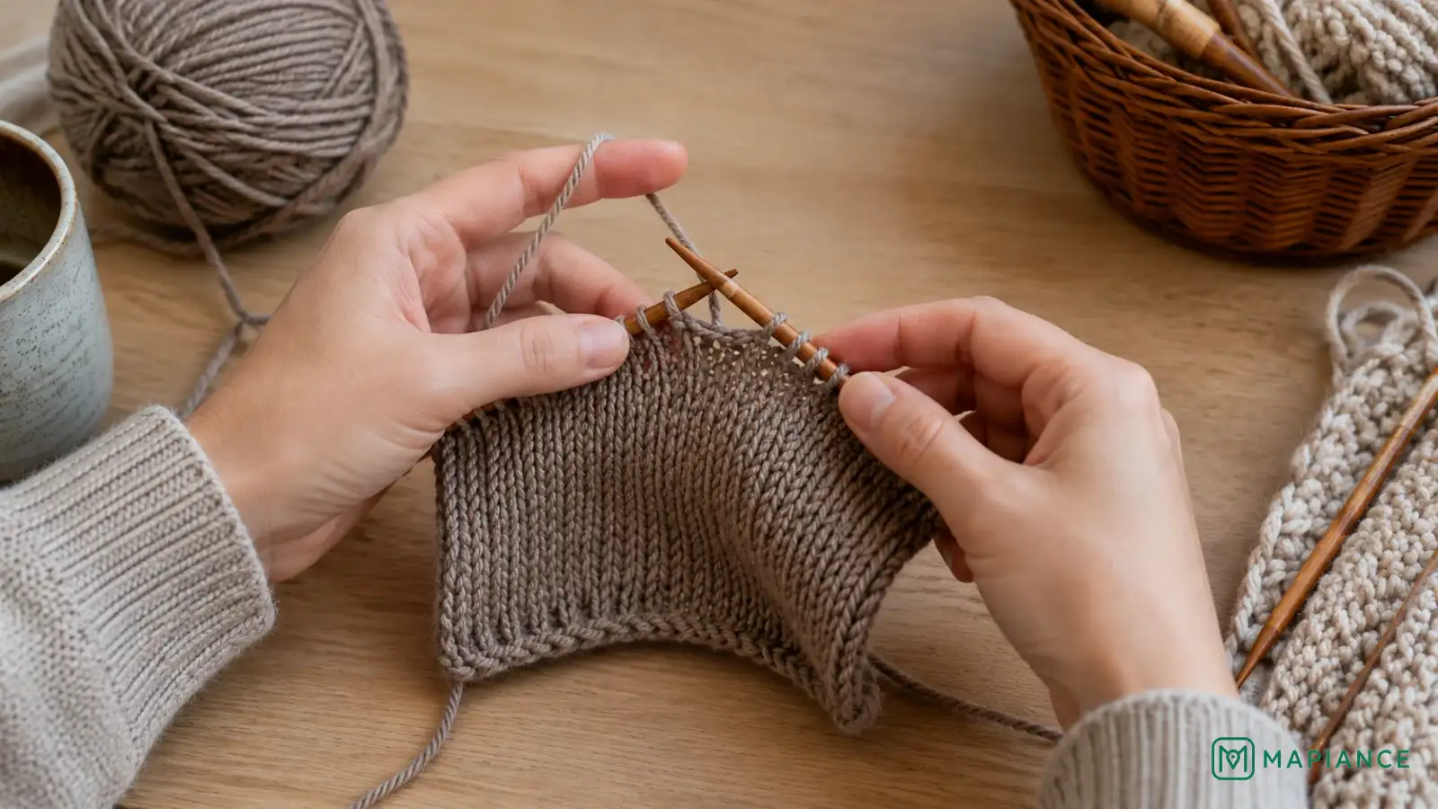 Relaxed hands knitting while the working yarn moves loosely through the fingers.