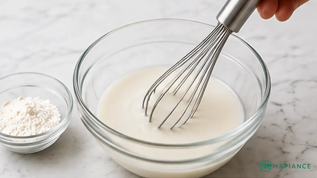 Smooth cornstarch and cold water slurry being mixed in a small bowl beside a pot of soup.
