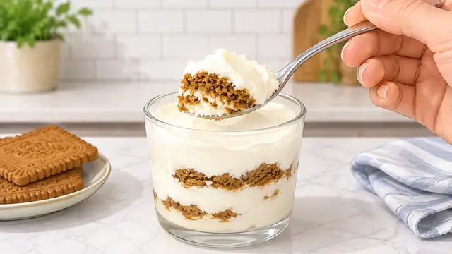 Spoon lifting creamy yogurt with a softened Biscoff cookie layer from the chilled dessert.