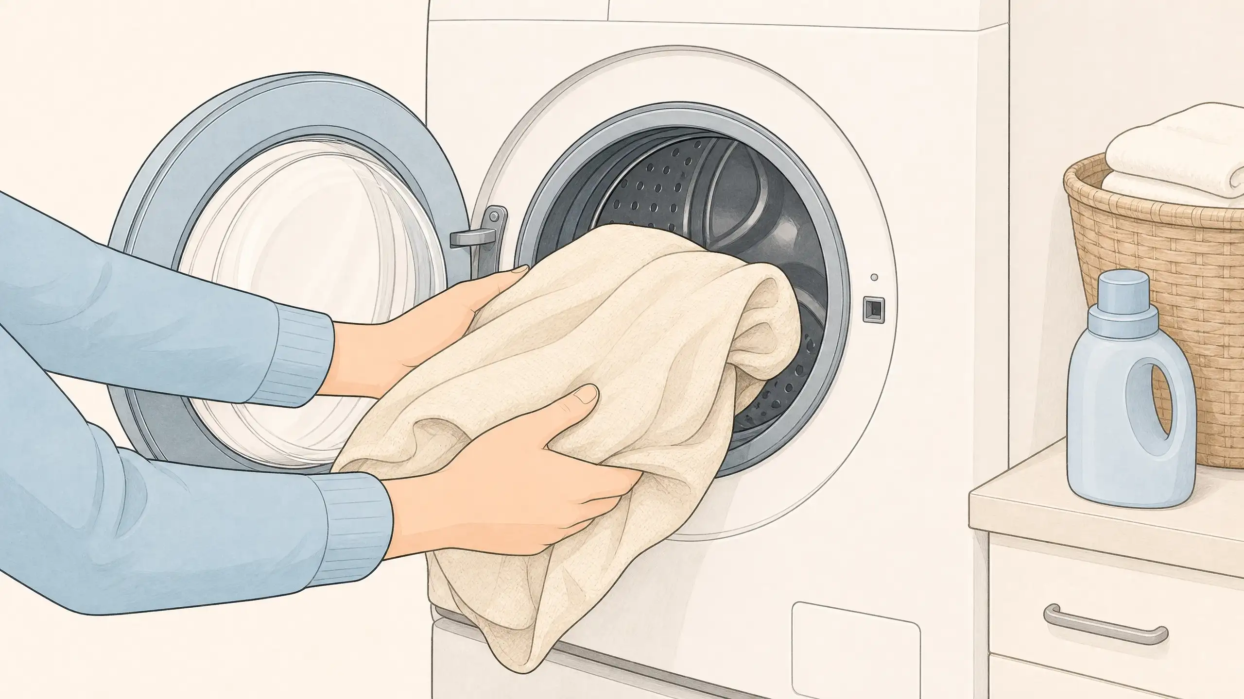 Stained fabric being loaded into a washing machine for a final wash