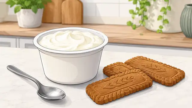 Thick Greek yogurt and three Biscoff cookies ready for making the two-ingredient dessert.