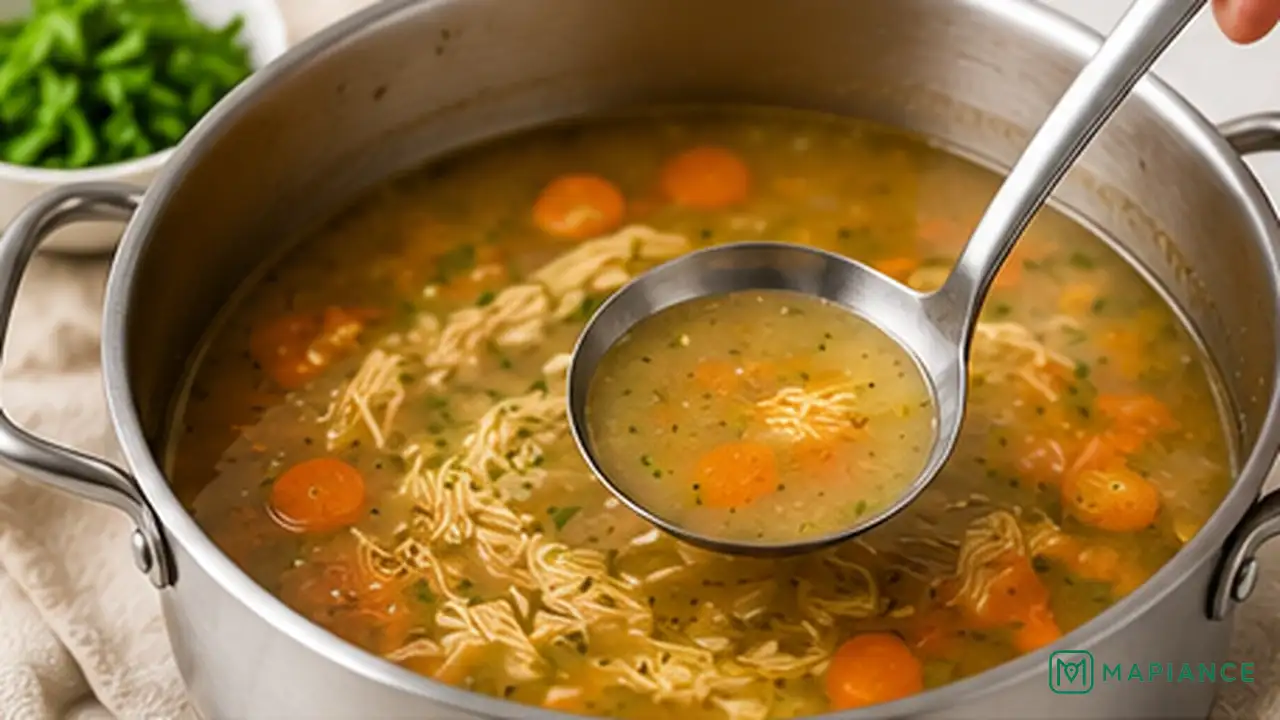 Thin soup simmering uncovered in a pot while a person stirs it.
