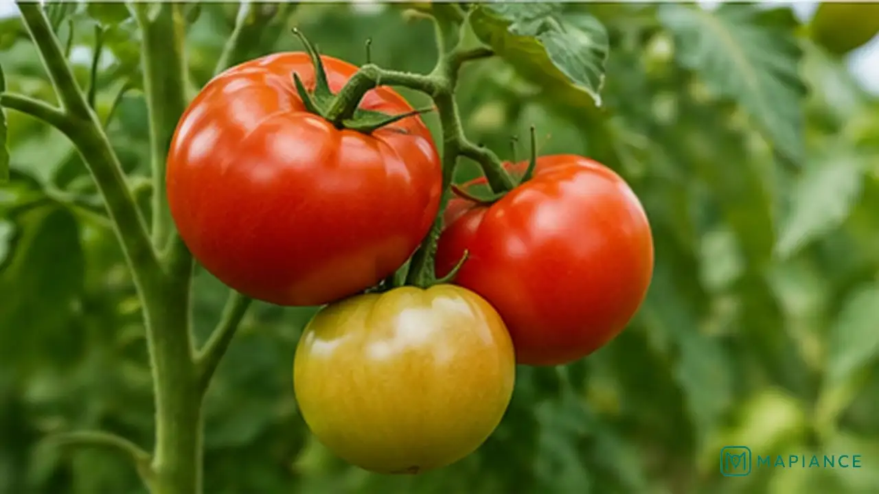 Tomato plant producing healthy new fruit after soil moisture and root conditions were corrected.