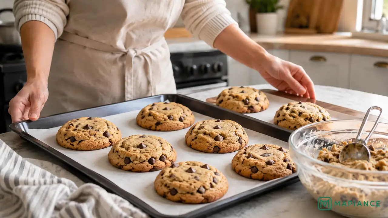 Two corrected test cookies baking with a thicker shape before the rest of the batch is baked.