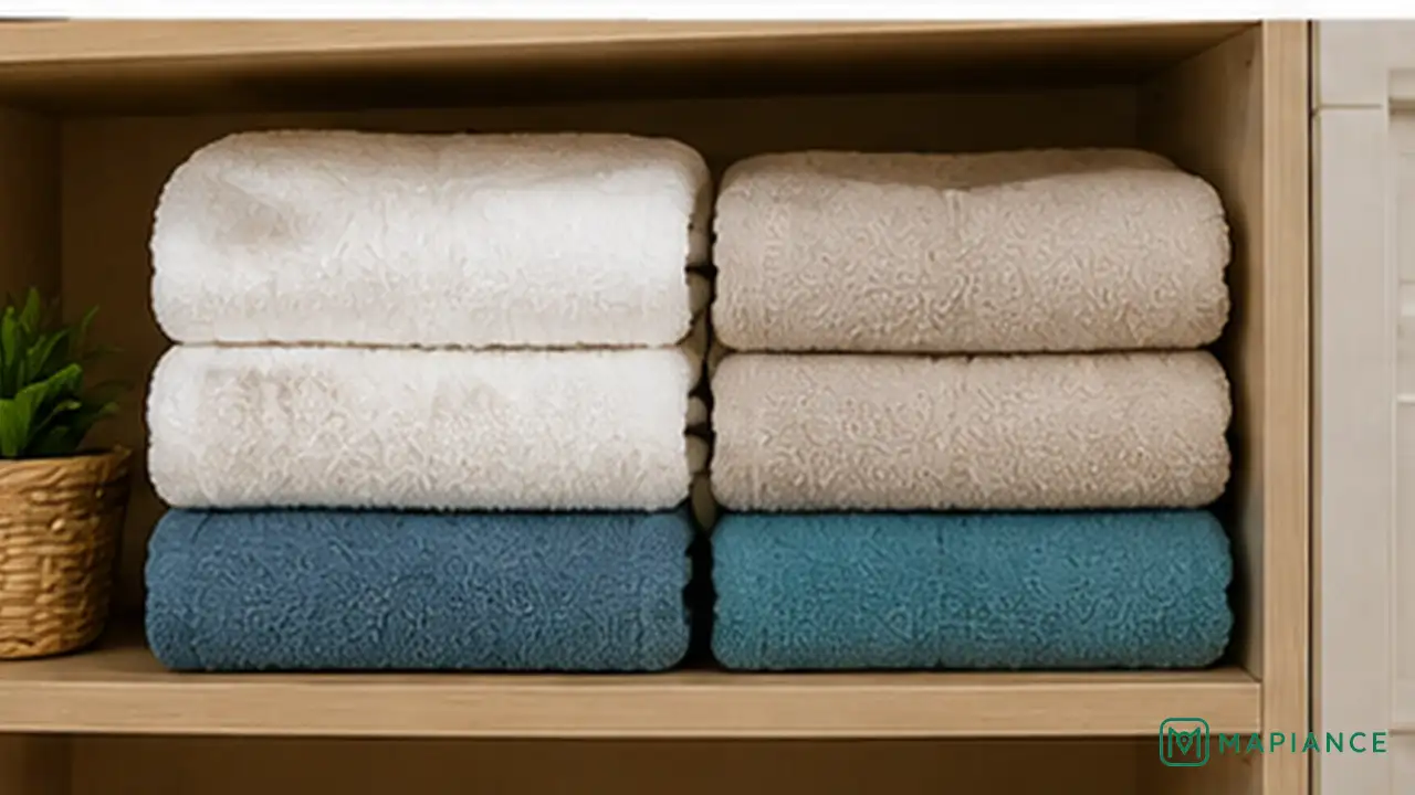 Used towels hanging separately to dry with good airflow beside a clean washing machine.