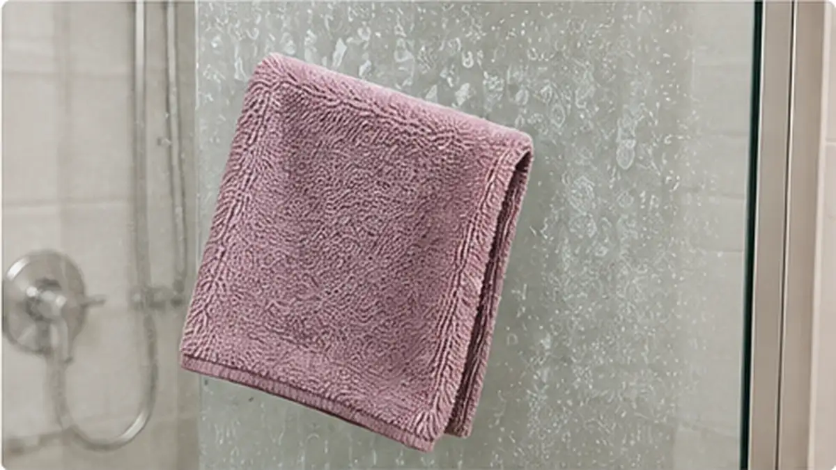 Vinegar-soaked microfiber cloth resting against stubborn hard water stains on a glass shower door.