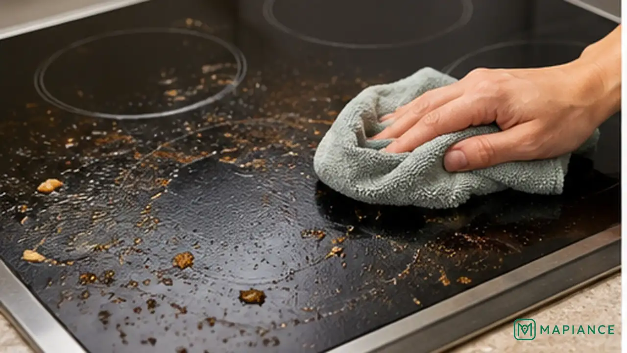 Warm damp cloth softening cooked-on residue on a cool glass stovetop.