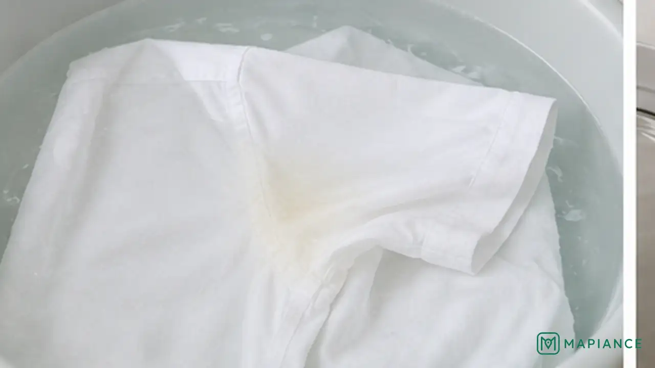 White shirt soaking in an oxygen bleach solution to remove stubborn yellow underarm stains.