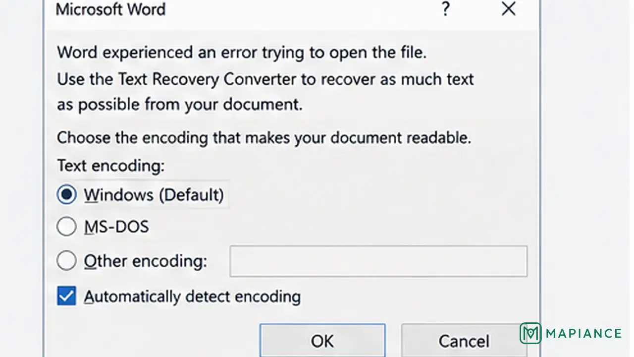Word recovering plain text from a damaged document when the original formatting cannot be preserved.