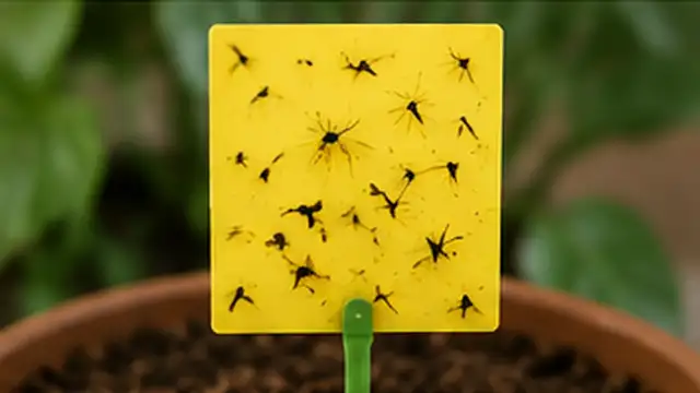 Yellow sticky trap catching adult fungus gnats beside a houseplant soil surface.